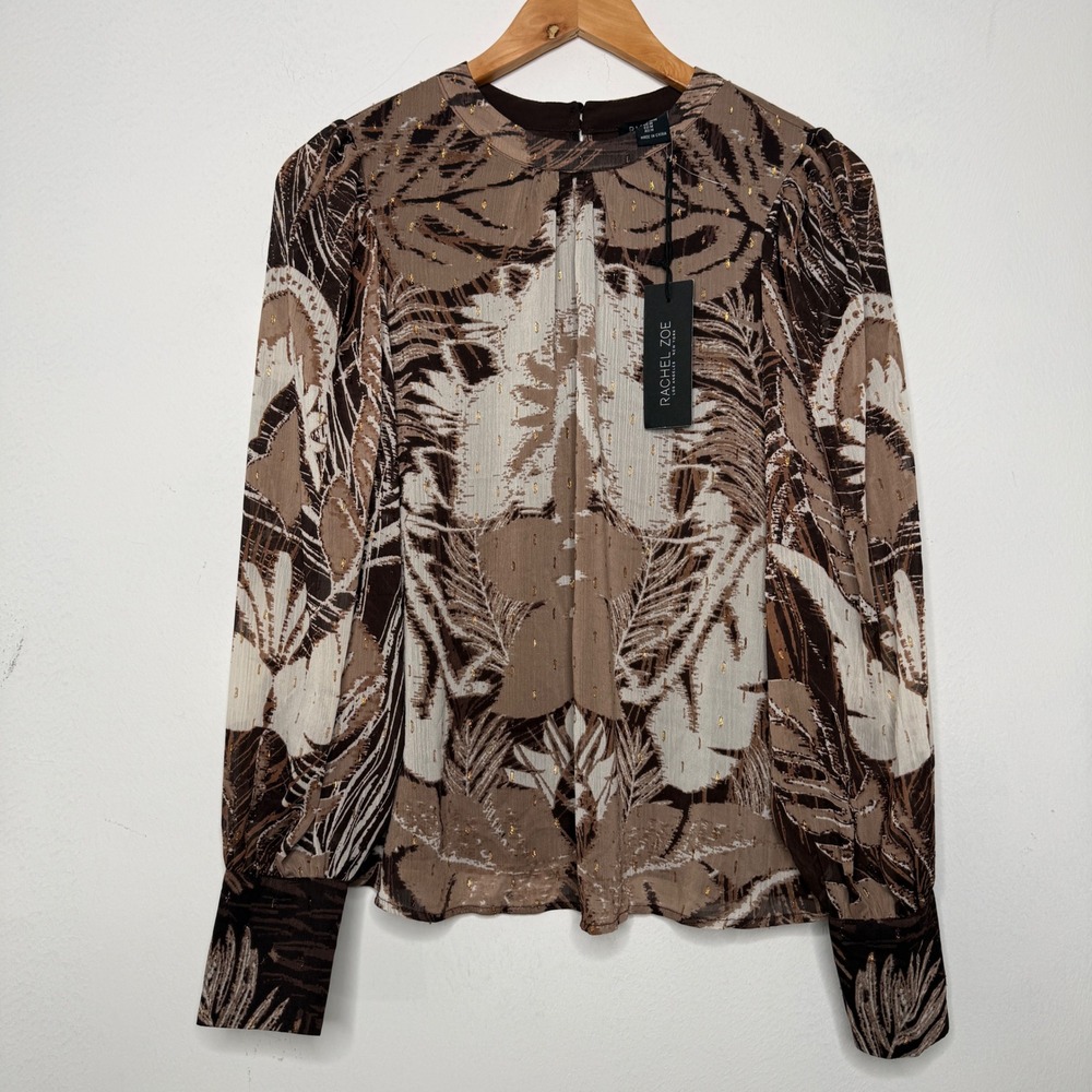 Rachel Zoe Women Brown Gold Metallic Fil Coupe Botanical Blouse Medium Boho‎ NWT